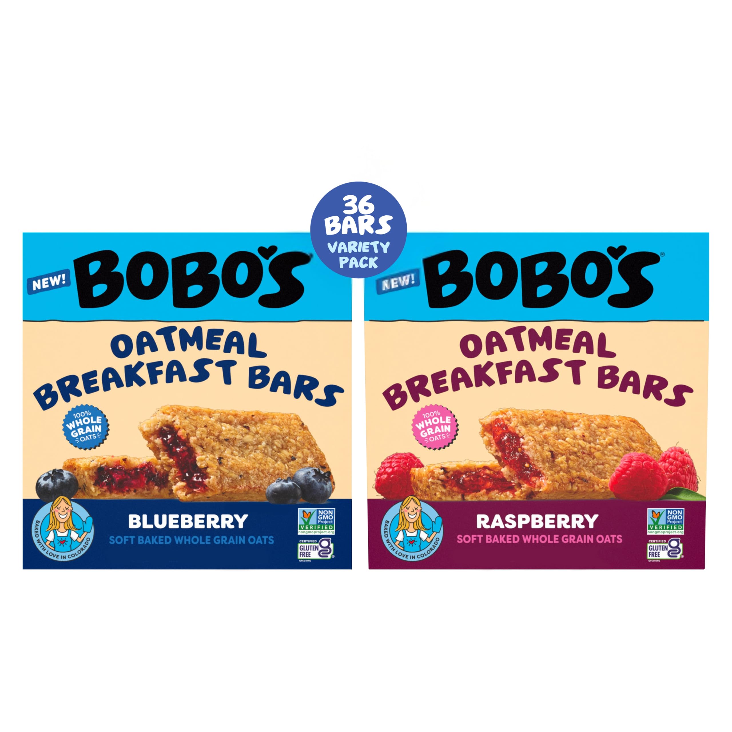 Bobo's front packaging showing 36-count variety pack and convenient grab-and-go benefit