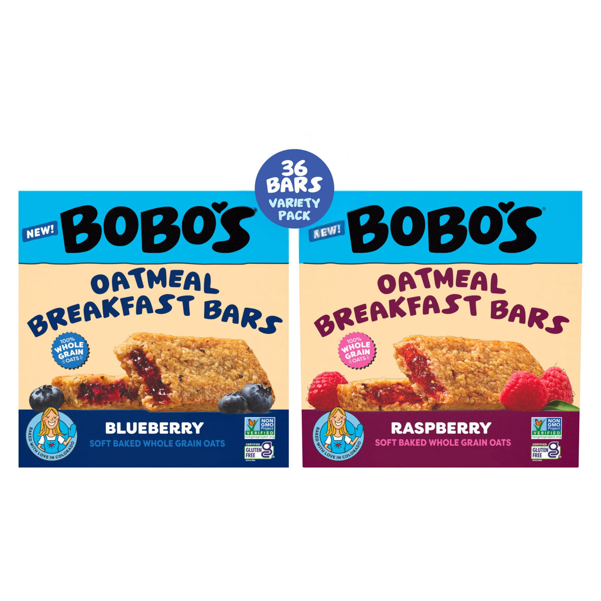 Bobo's front packaging showing 36-count variety pack and convenient grab-and-go benefit