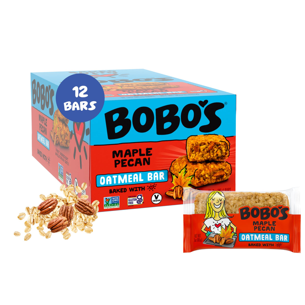 Bobo's front packaging showing maple pecan bars and nutrition info for quick selection