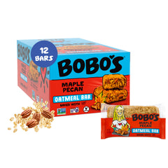 Bobo's front packaging showing maple pecan bars and nutrition info for quick selection