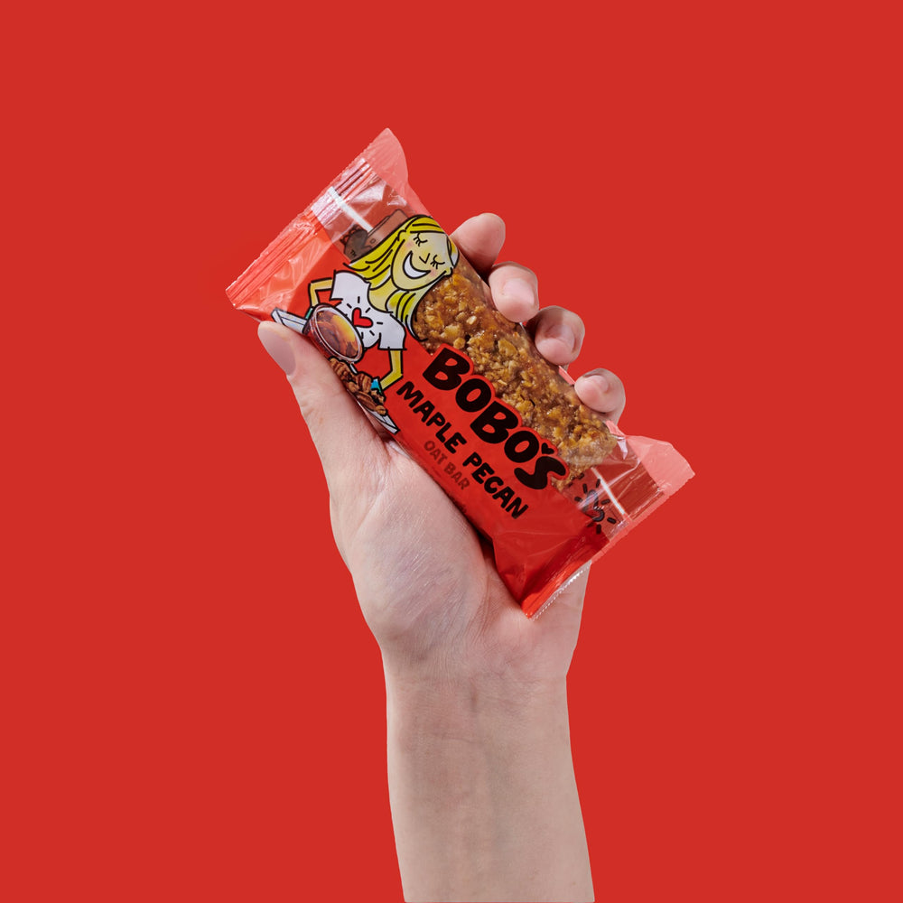 Bobo's brand with oats and pecans displayed to emphasize whole-grain ingredients