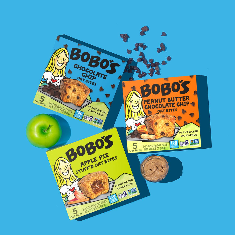 Bobo's bites next to coffee cup and milk alternative, suggested pairing for snack time