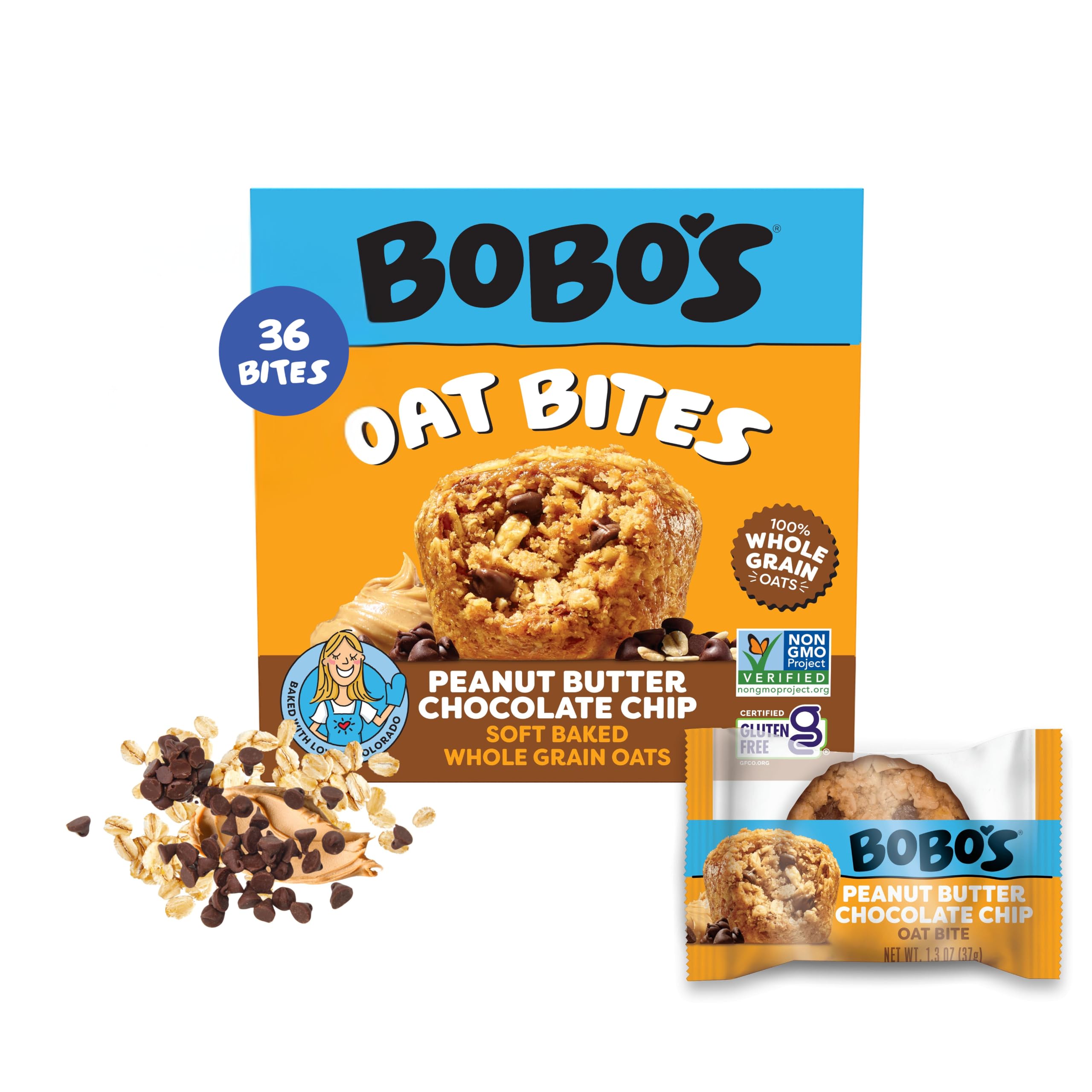Bobo's front packaging showing peanut butter chocolate chip oat bites and benefits