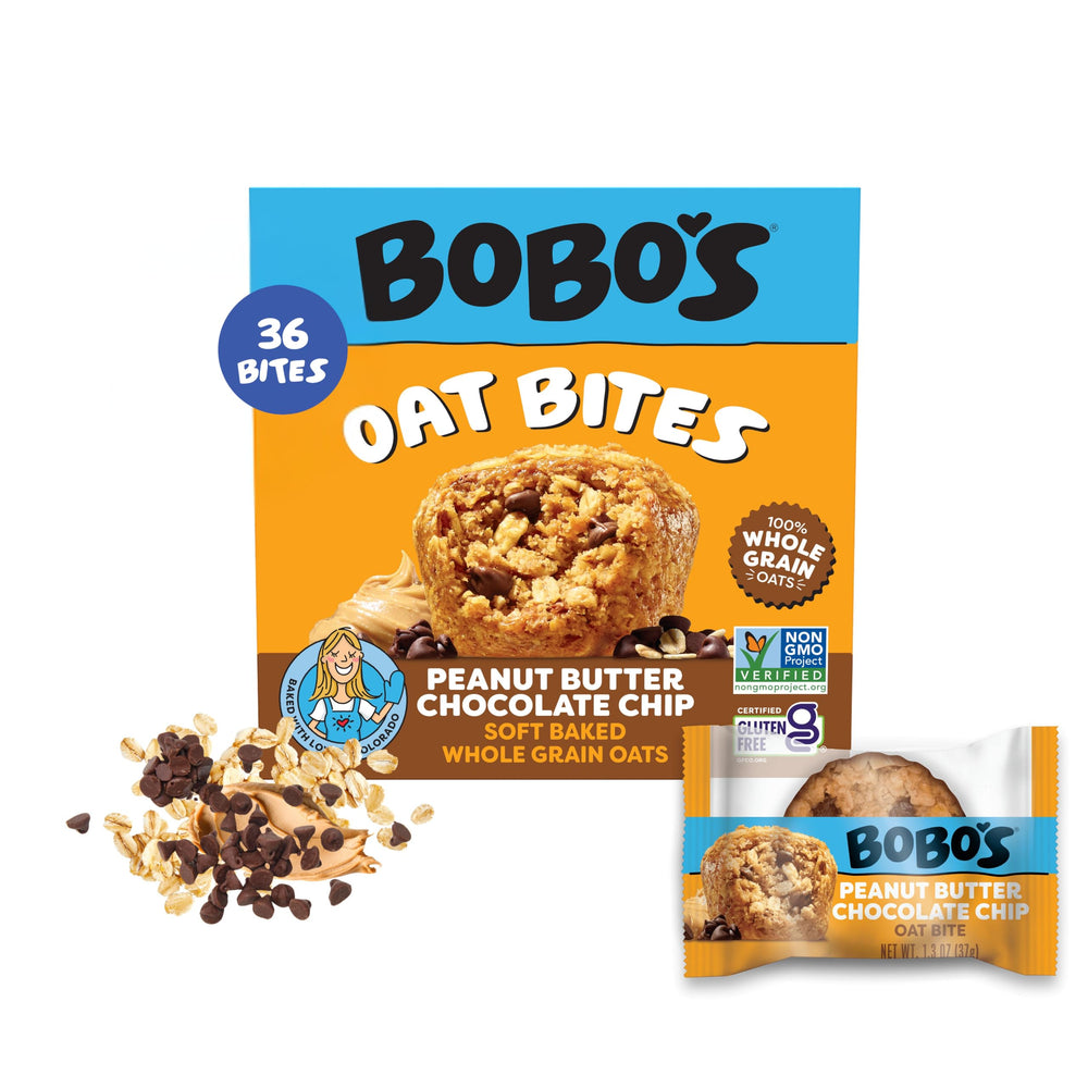 Bobo's front packaging showing peanut butter chocolate chip oat bites and benefits