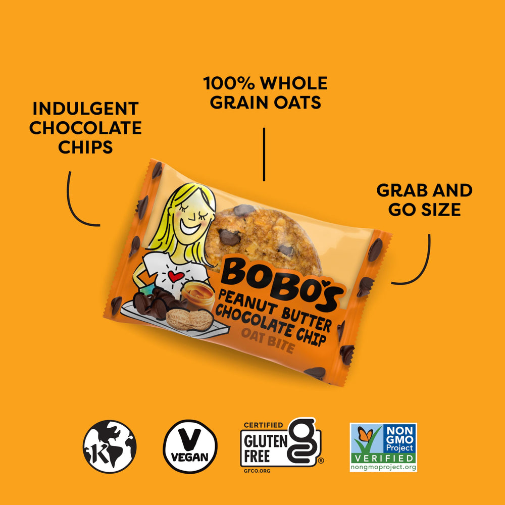 Individually wrapped Bobo's peanut butter chocolate chip bite for portable freshness