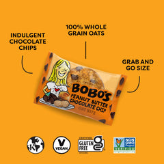 Individually wrapped Bobo's peanut butter chocolate chip bite for portable freshness