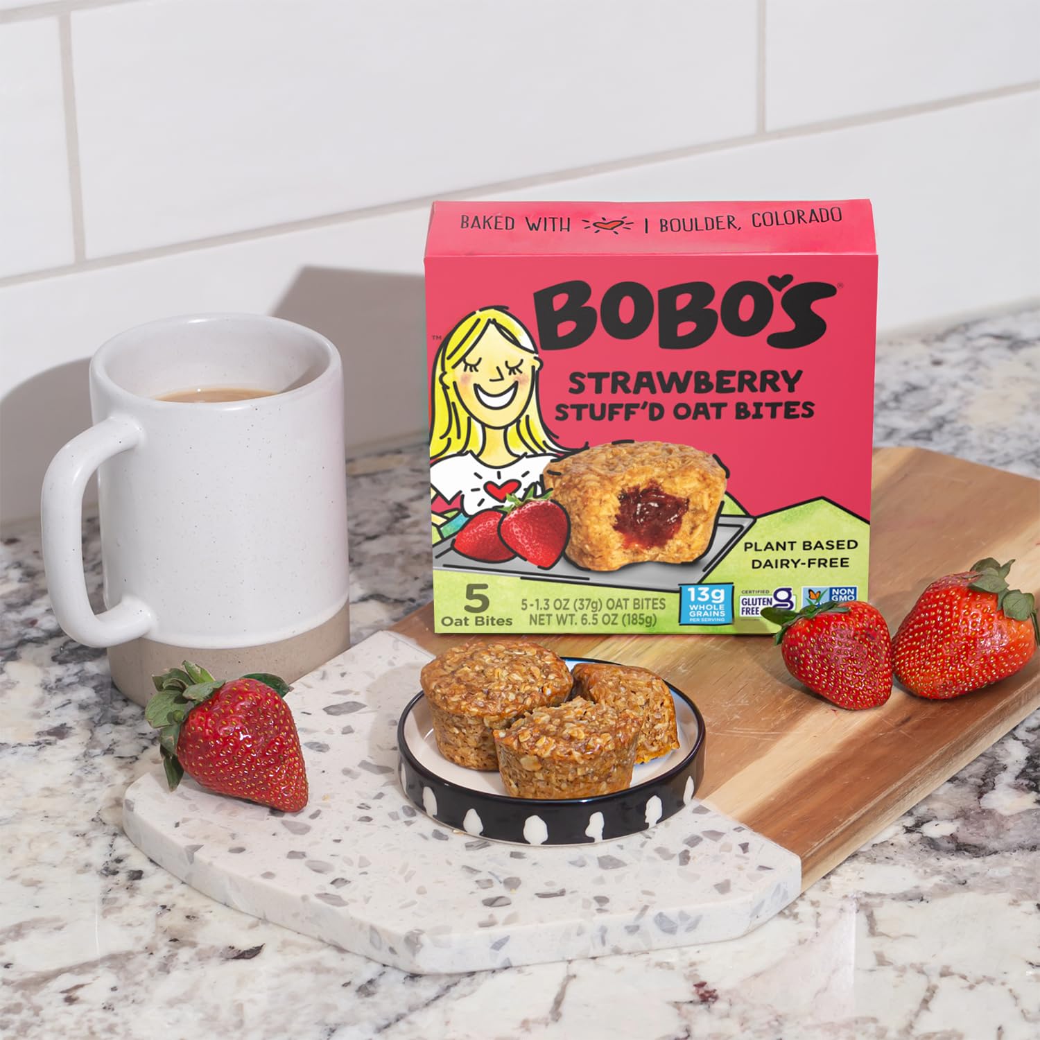 Bobo's label with certifications showing gluten-free and non-GMO claims
