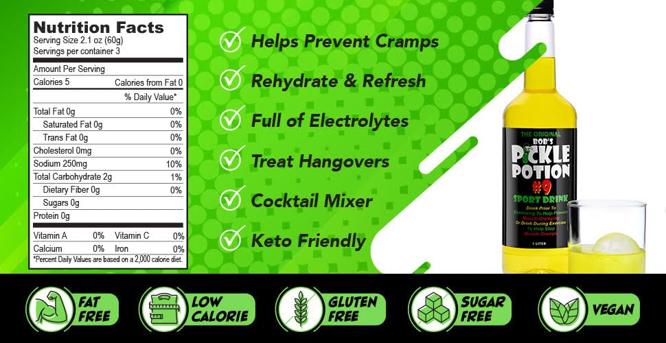 bobs pickle pops one-liter bottle next to hand to show portable serving size