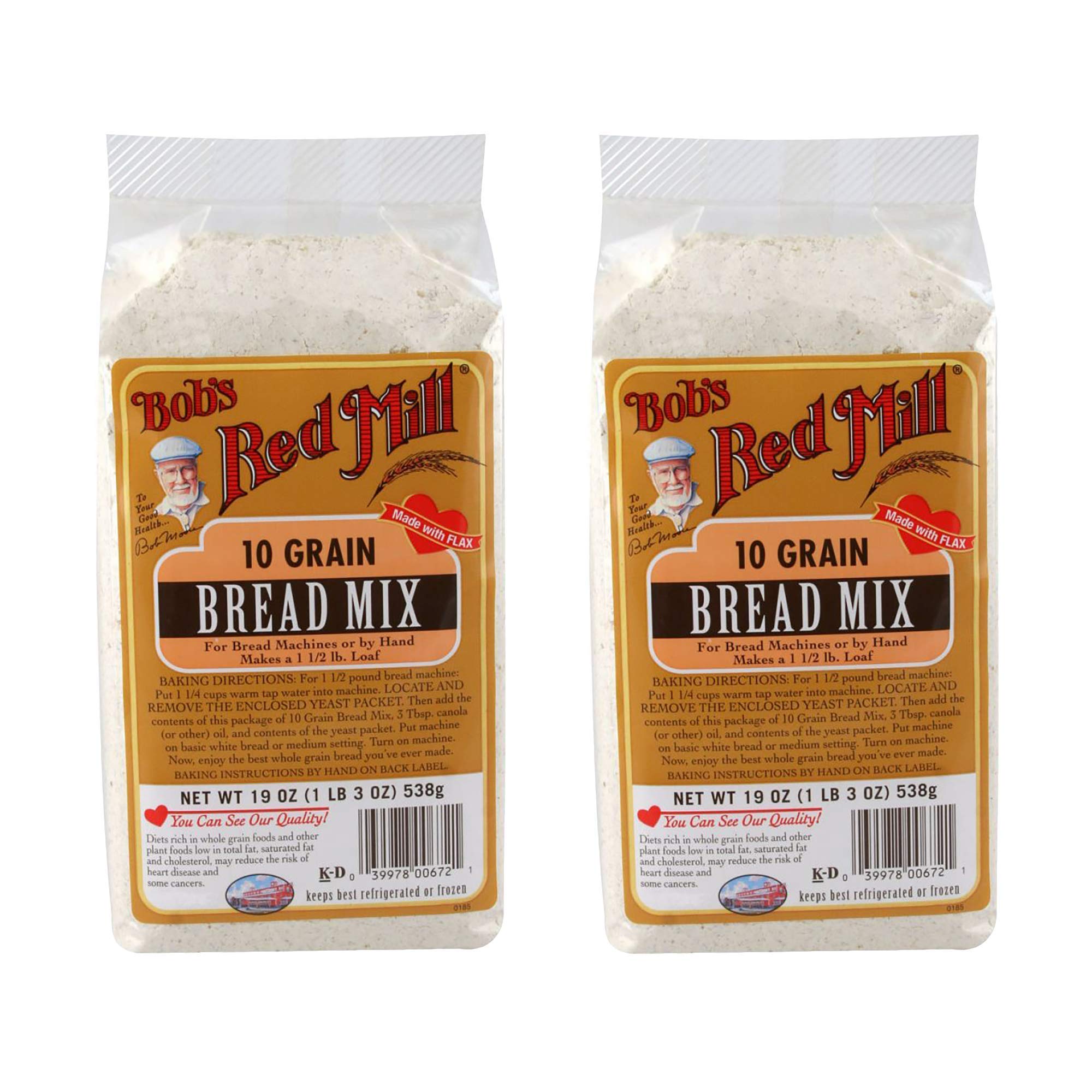 Bob's Red Mill front packaging showing 10-grain bread mix and yeast packet, clear convenience