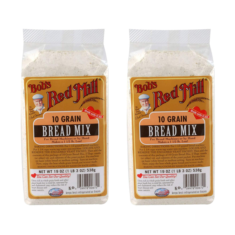 Bob's Red Mill front packaging showing 10-grain bread mix and yeast packet, clear convenience