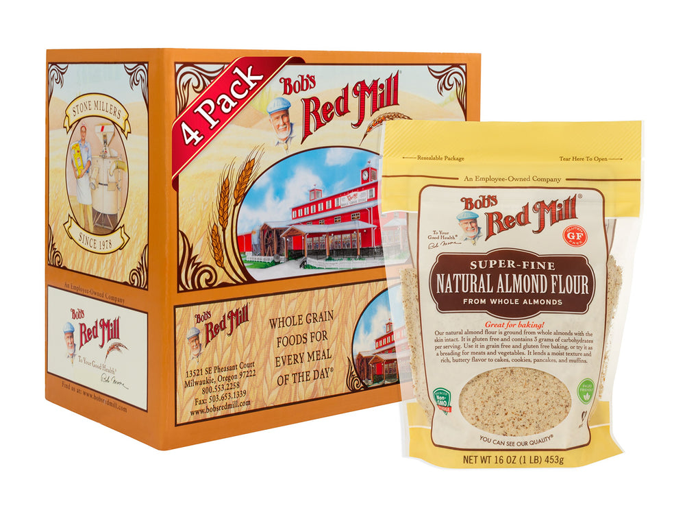 Bob's Red Mill front packaging showing product info and pack of four benefit