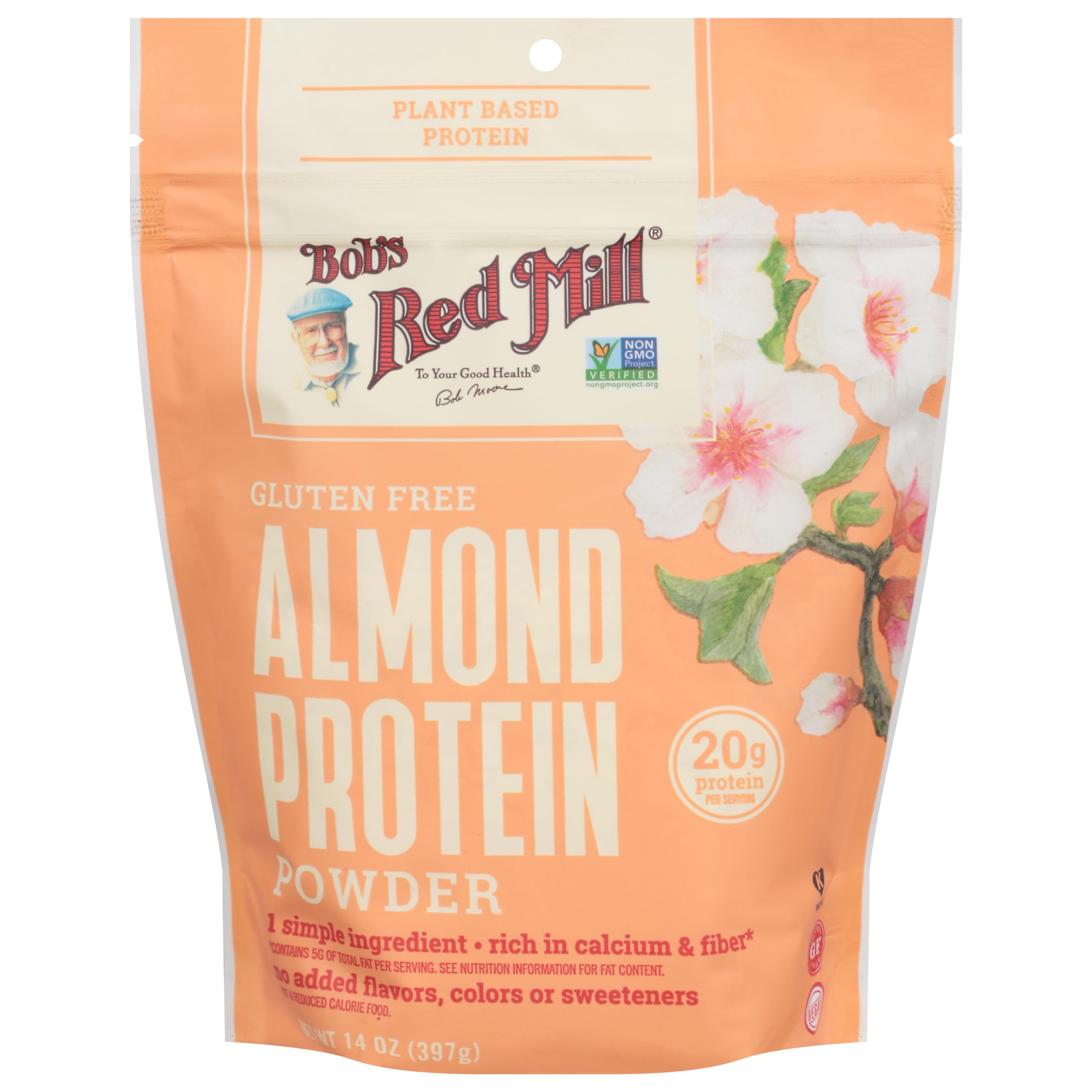 Bob's Red Mill scoop of almond protein powder highlighting smooth texture