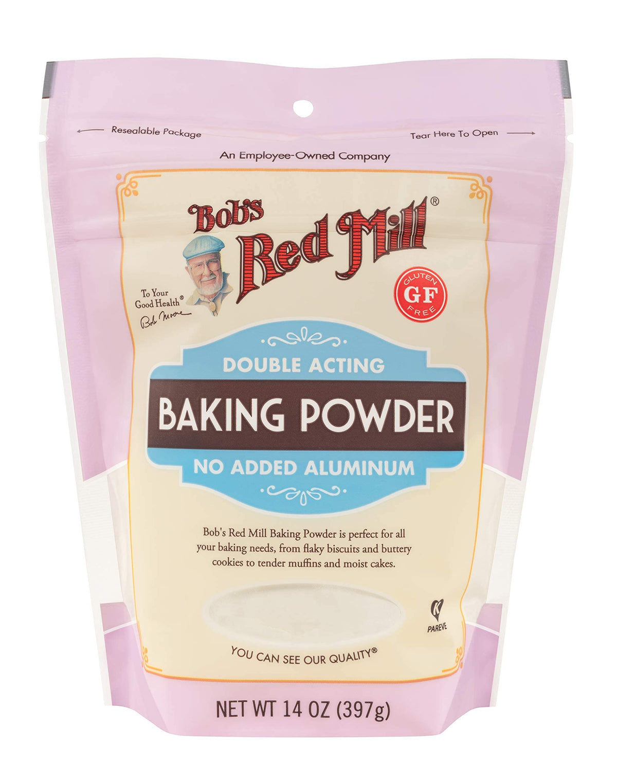 Bob's Red Mill front packaging showing three 14 ounce baking powder cans for reliable baking