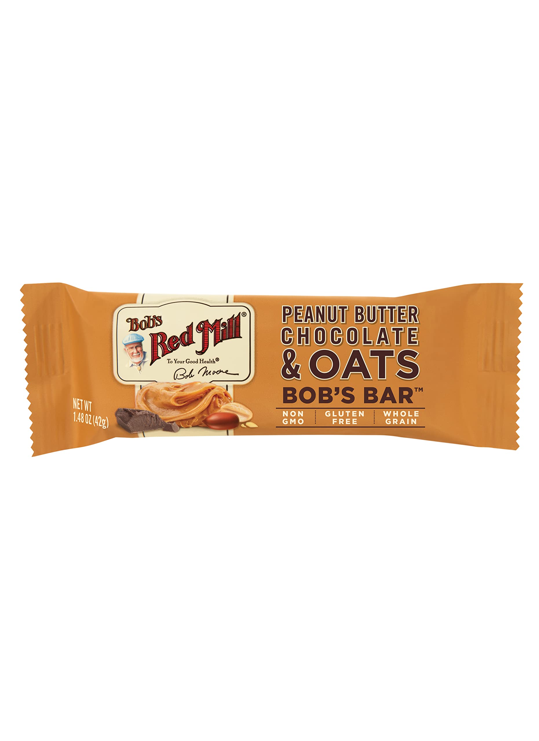 Bob's Red Mill close-up of bar texture highlighting oats, peanut butter and chocolate for wholesome appeal