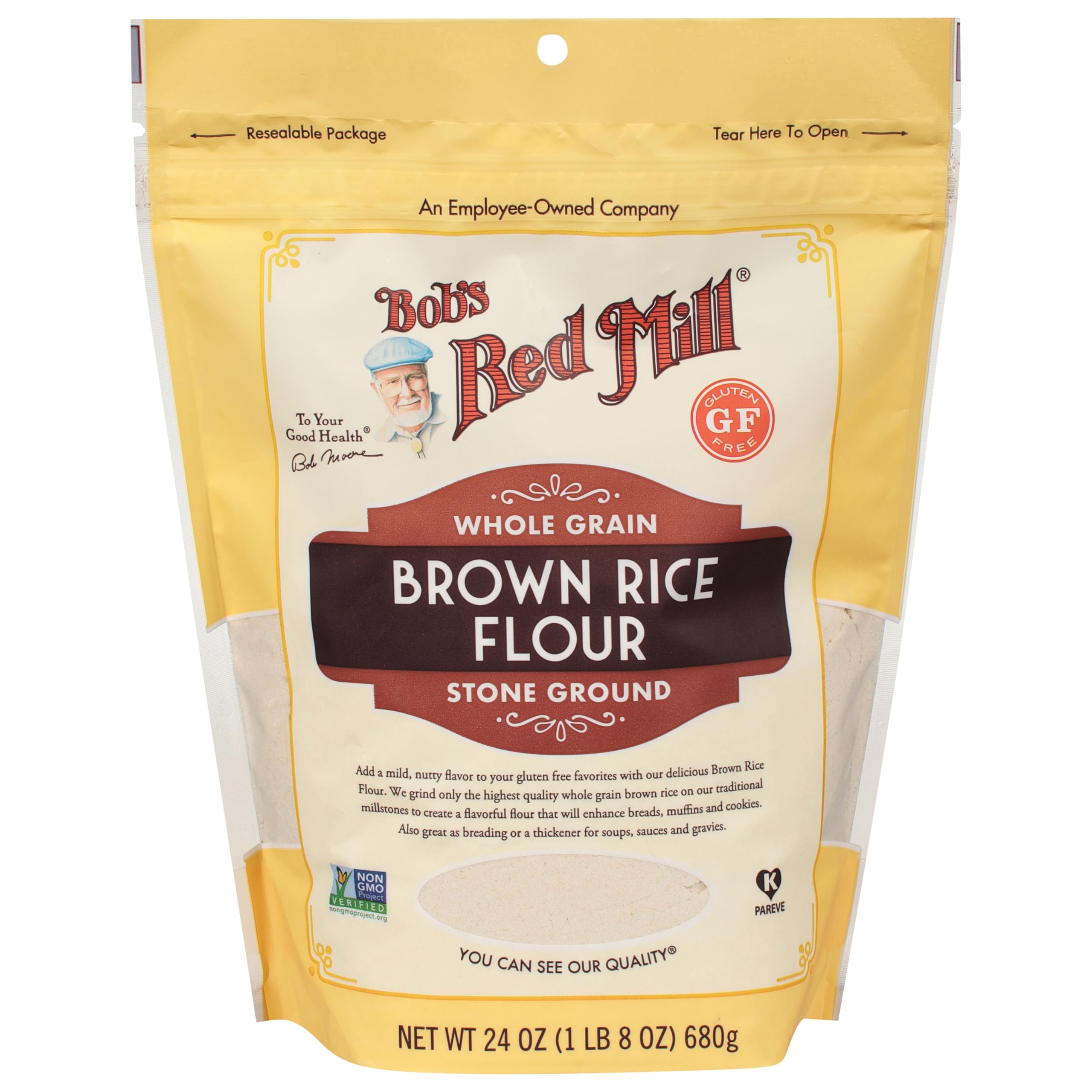 Bob's Red Mill flour pouring from bag highlighting fine grind and smoothness
