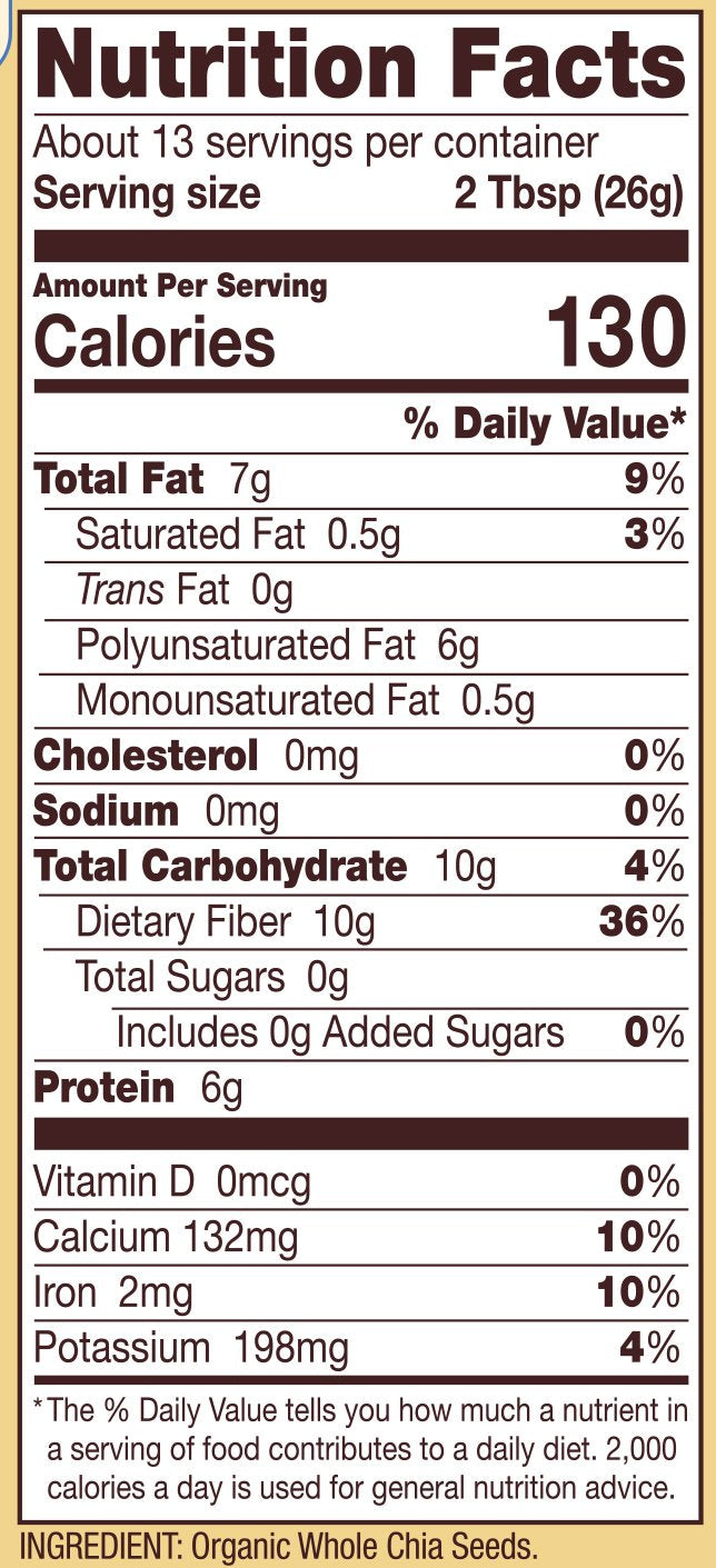 Bob's Red Mill chia seeds next to measuring spoon showing portion size benefit