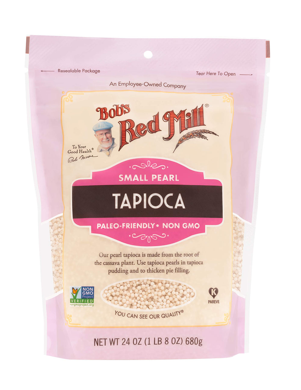 Bob's Red Mill close-up of small white tapioca pearls emphasizing consistent texture