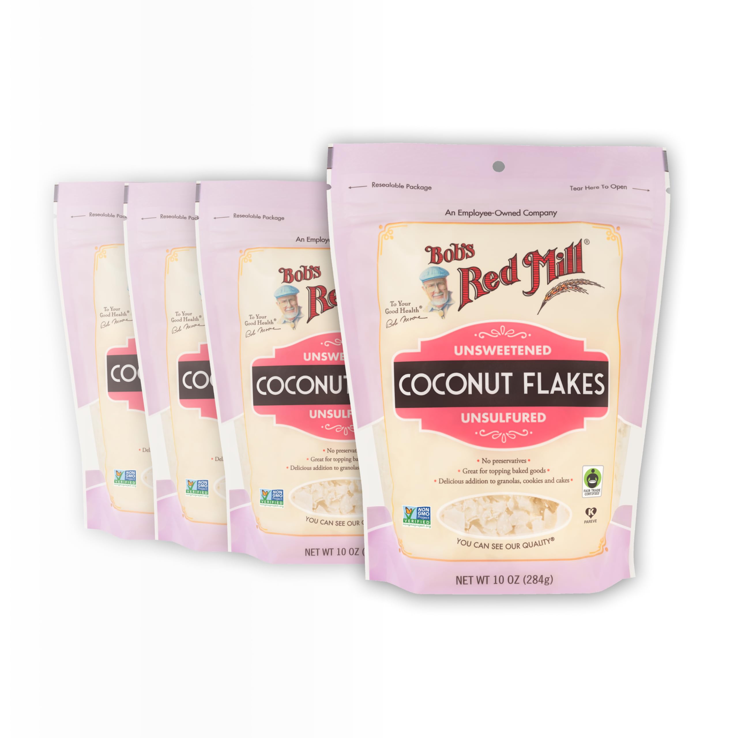 Bob's Red Mill front packaging showing 10oz unsweetened coconut flakes and clear branding benefits