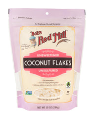 Bob's Red Mill open bag with coconut flakes spilling, ready for baking and easy use