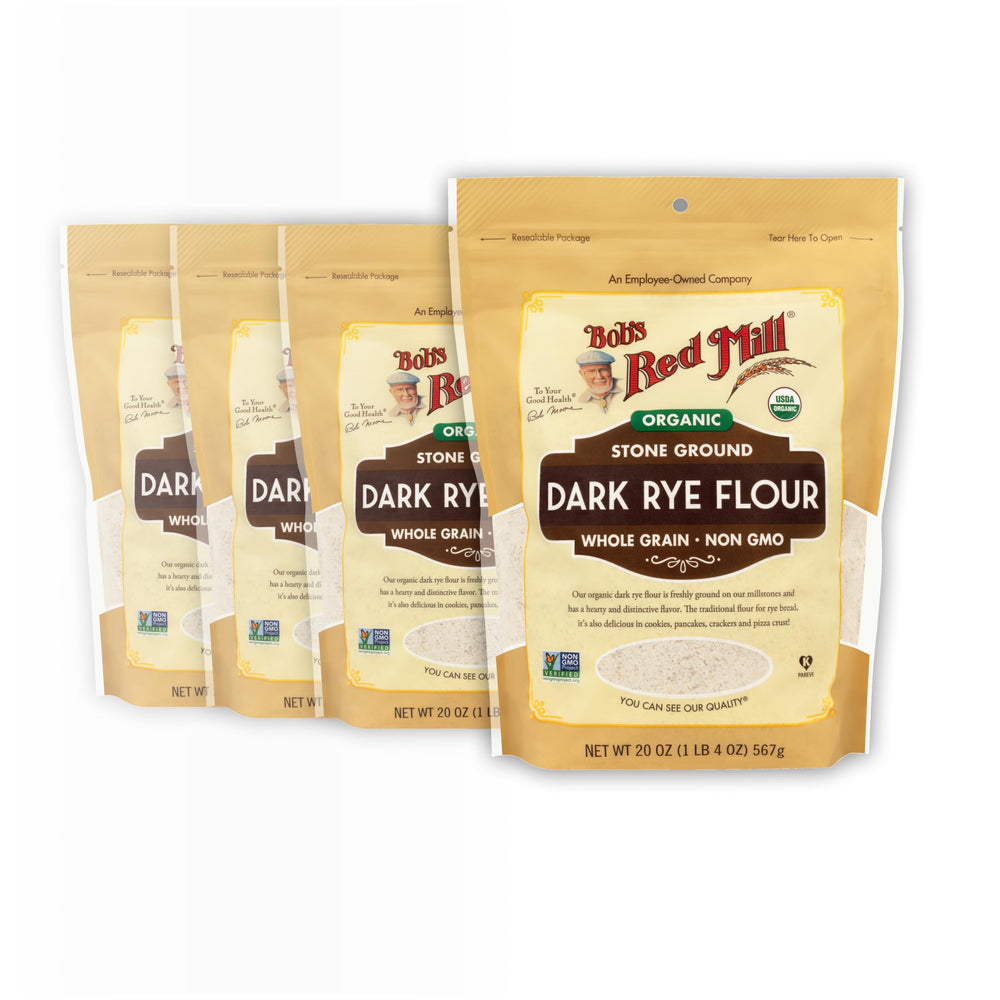 Bob's Red Mill front packaging showing organic dark rye flour and clear labeling