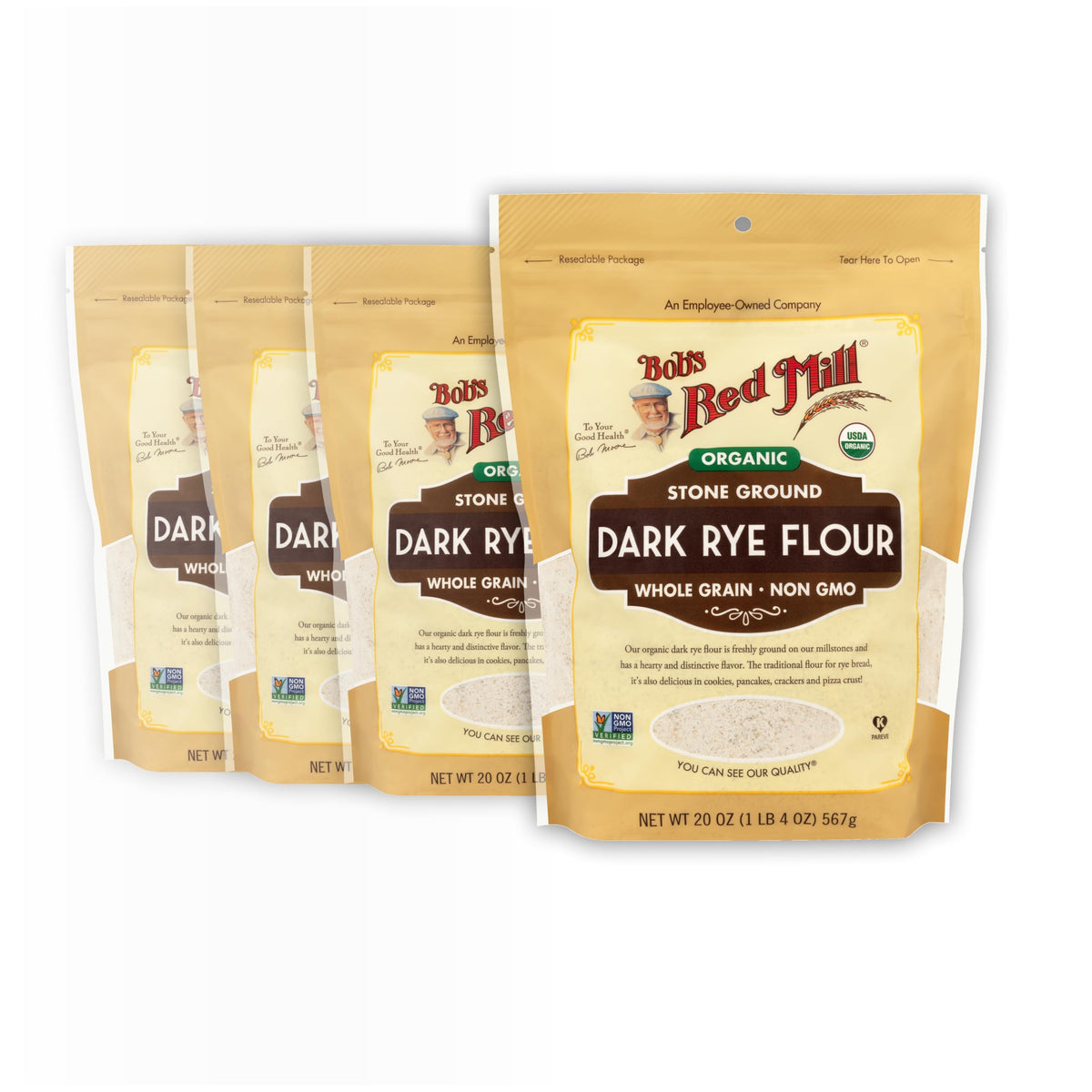 Bob's Red Mill front packaging showing organic dark rye flour and clear labeling