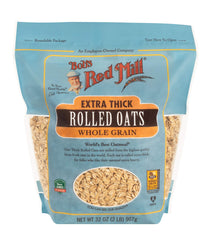 Bob's Red Mill bag open with extra thick oat flakes for texture
