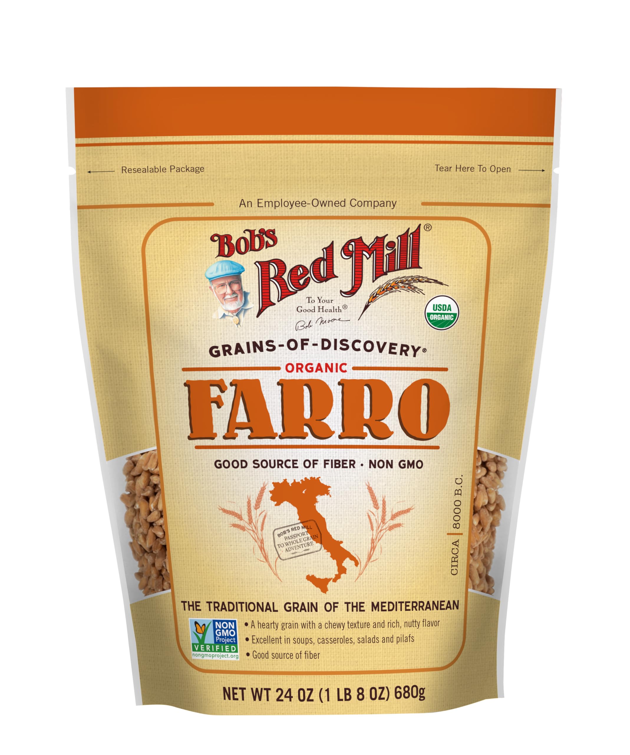 Close-up of Bob's Red Mill farro grains highlighting texture and wholesome appearance