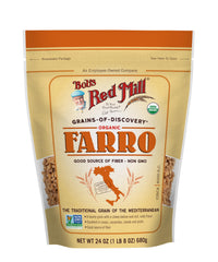 Close-up of Bob's Red Mill farro grains highlighting texture and wholesome appearance