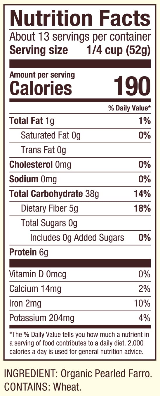 Nutrition and ingredient label on Bob's Red Mill farro bag for transparency and trust