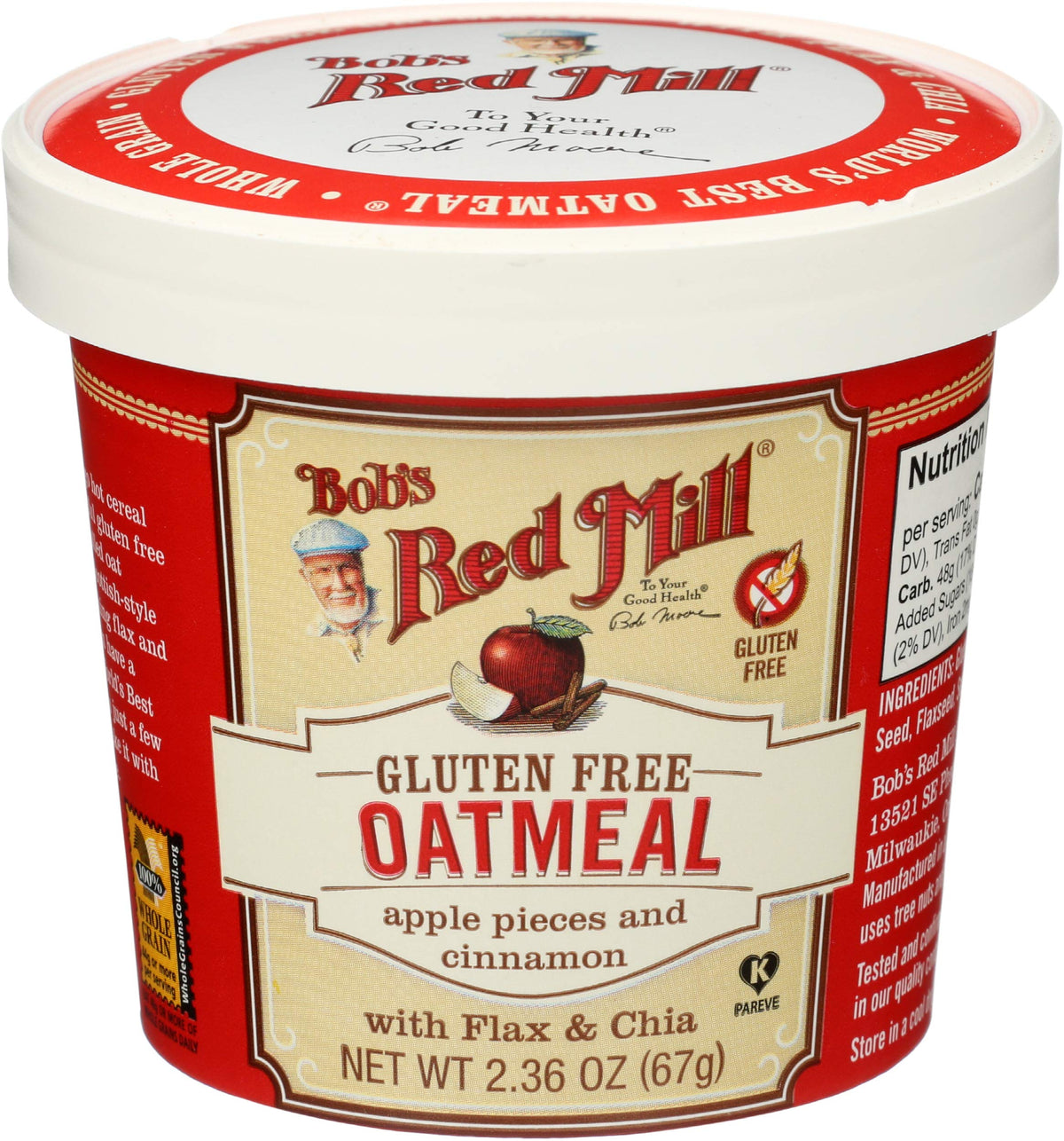 Bob's Red Mill front packaging showing apple cinnamon cups and convenience