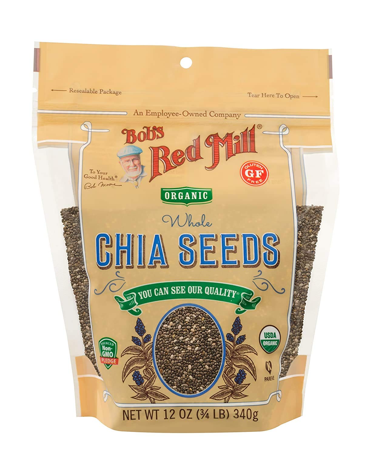 Bob's Red Mill front packaging showing resealable organic chia seeds and convenience