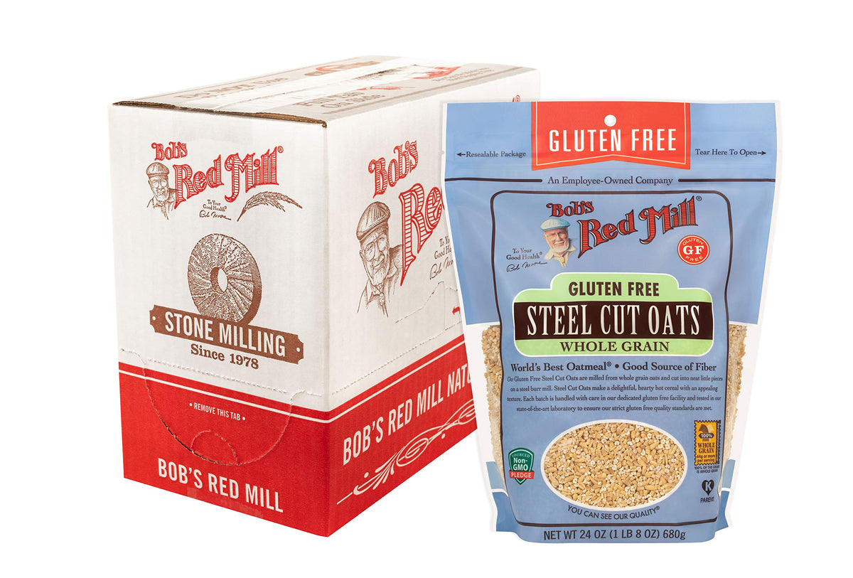 Bob's Red Mill front packaging showing gluten free steel cut oats and benefits