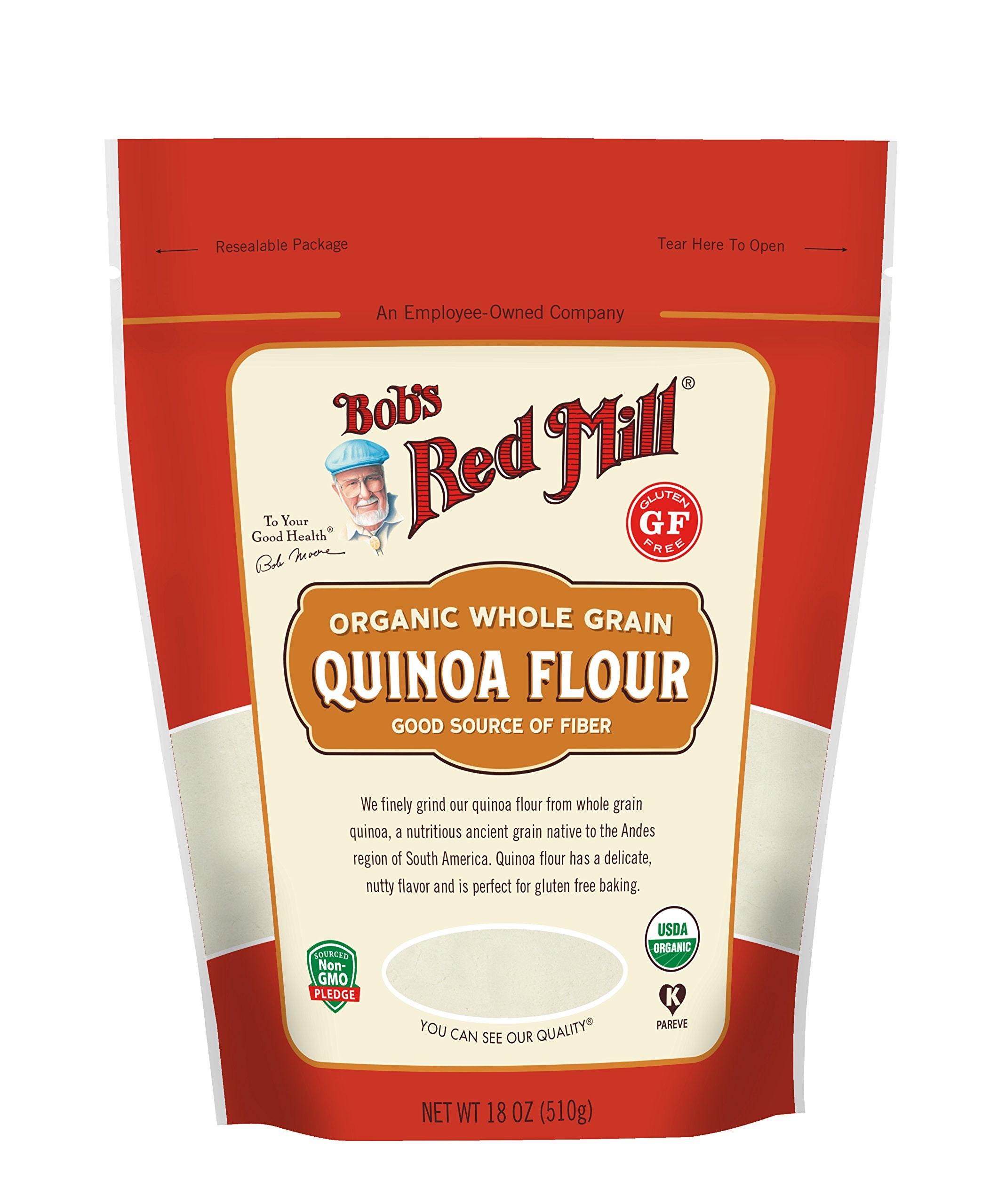 Bob's Red Mill front packaging showing 18oz organic quinoa flour and features
