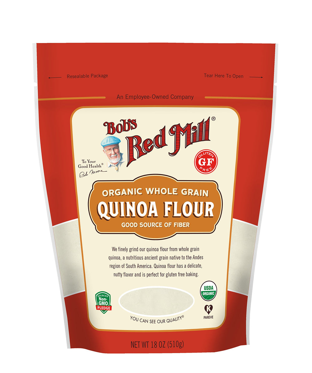 Bob's Red Mill front packaging showing 18oz organic quinoa flour and features