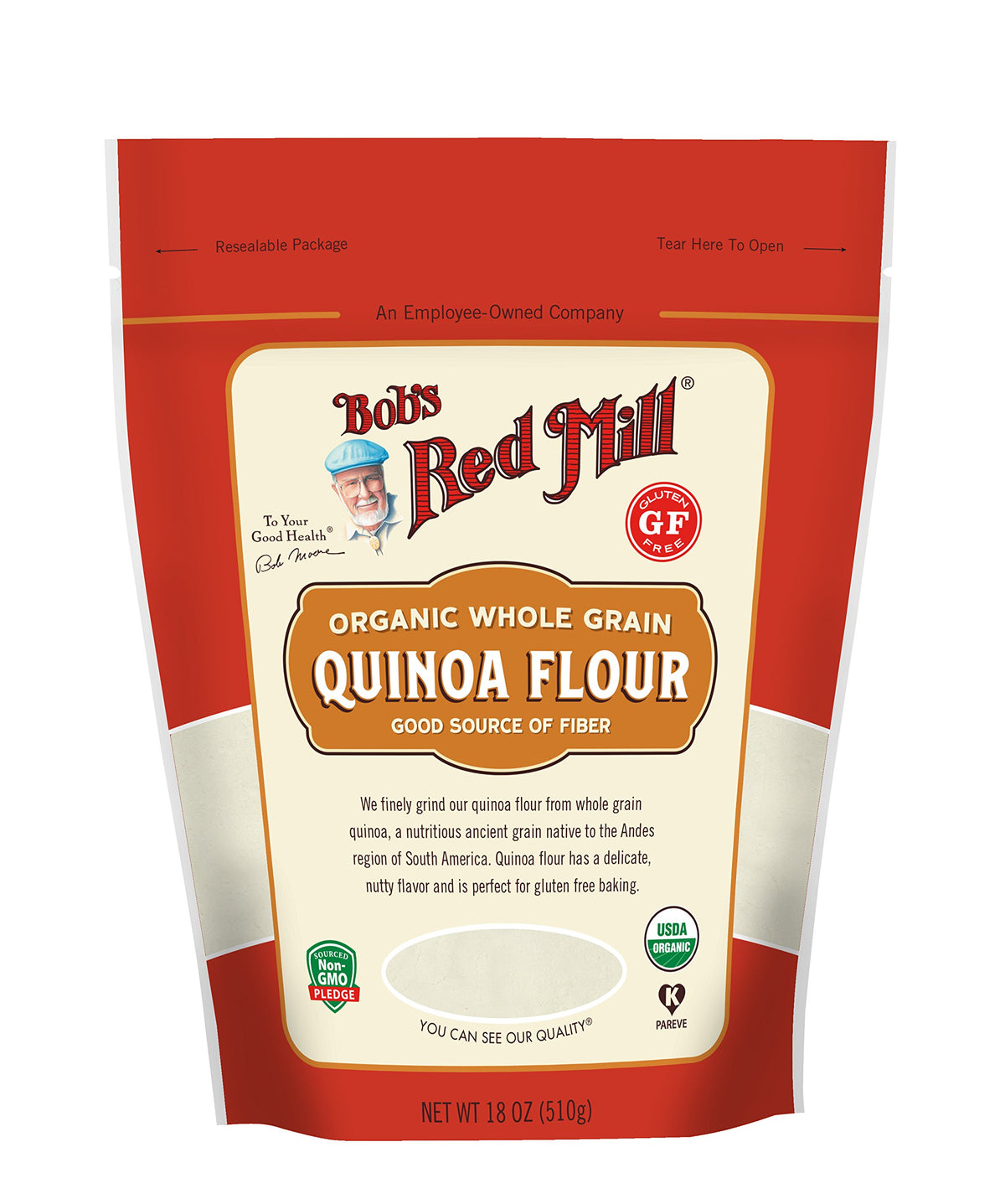 Bob's Red Mill front packaging showing 18oz organic quinoa flour and features