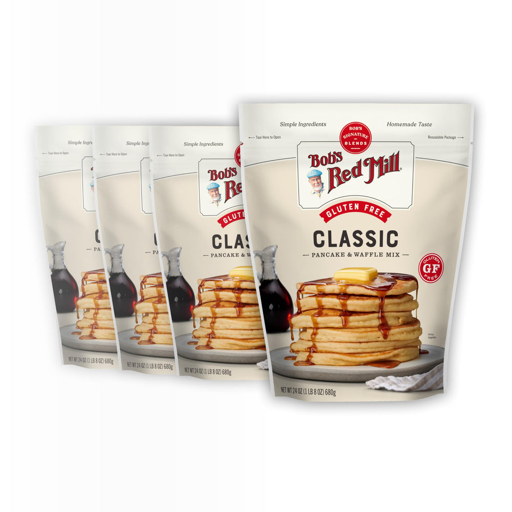 Bob's Red Mill front packaging showing gluten free pancake mix and clear benefits