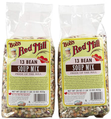 Bob's Red Mill front packaging showing the 13 Bean Soup Mix and clear product view for meal planning