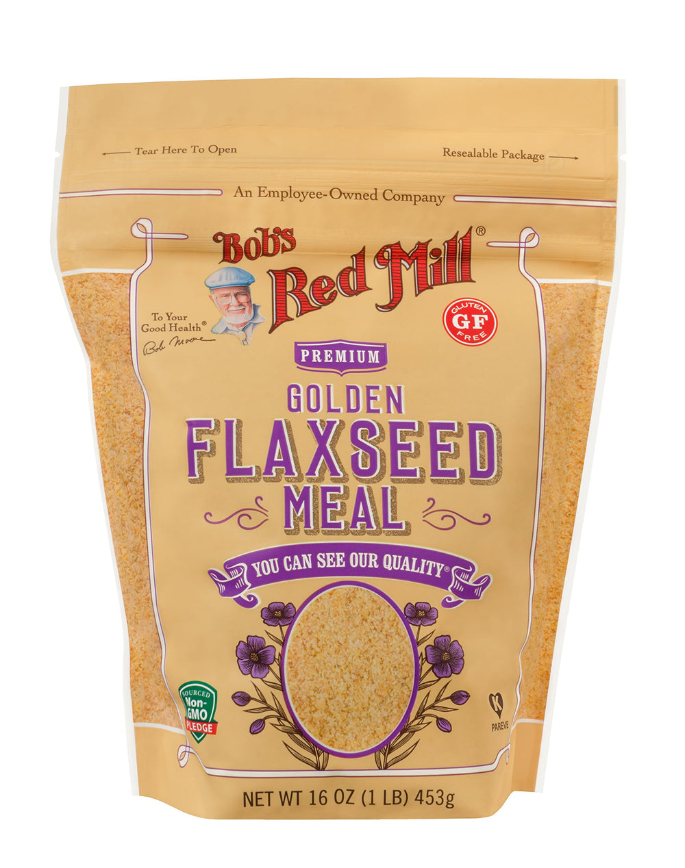 Bob's Red Mill close-up of golden flaxseed meal texture and freshness