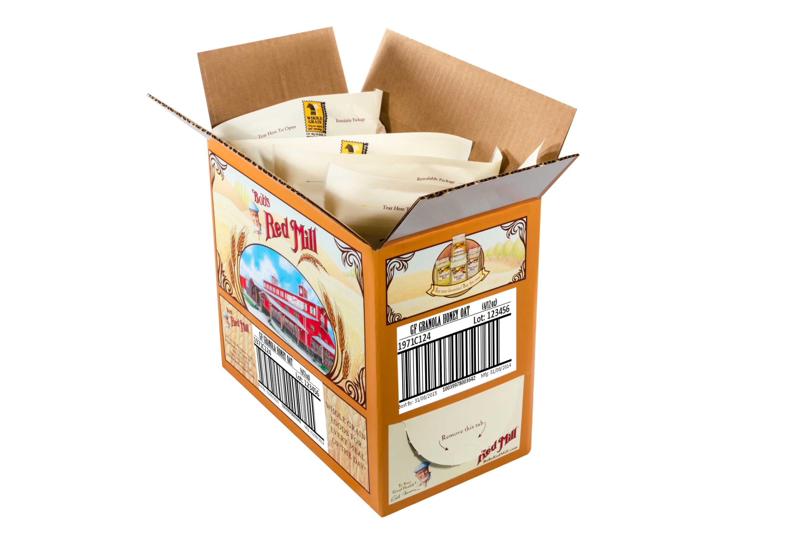 Bob's Red Mill opened bag with spoon illustrating grab-and-go convenience