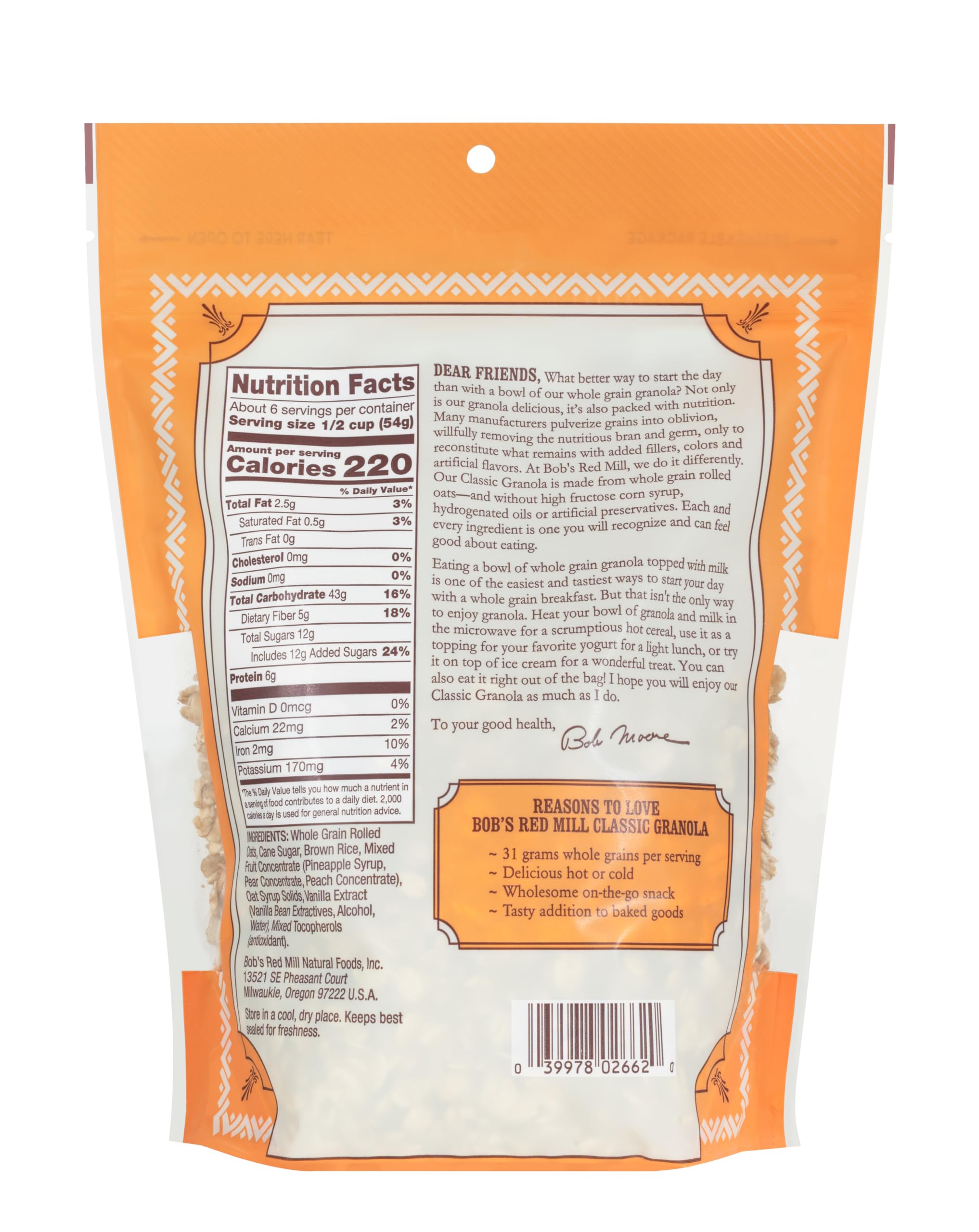 Bob's Red Mill granola on spoon over milk, ready-to-eat breakfast convenience