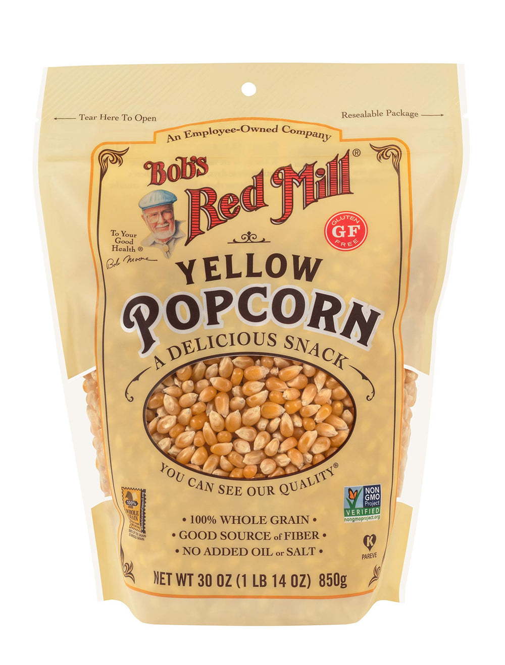 Bob's Red Mill yellow popcorn kernels close-up for consistent popping
