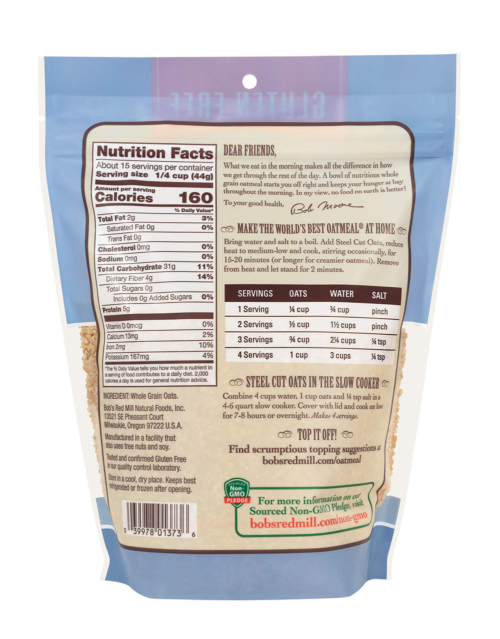 Bob's Red Mill product label with gluten free and non-GMO certifications visible