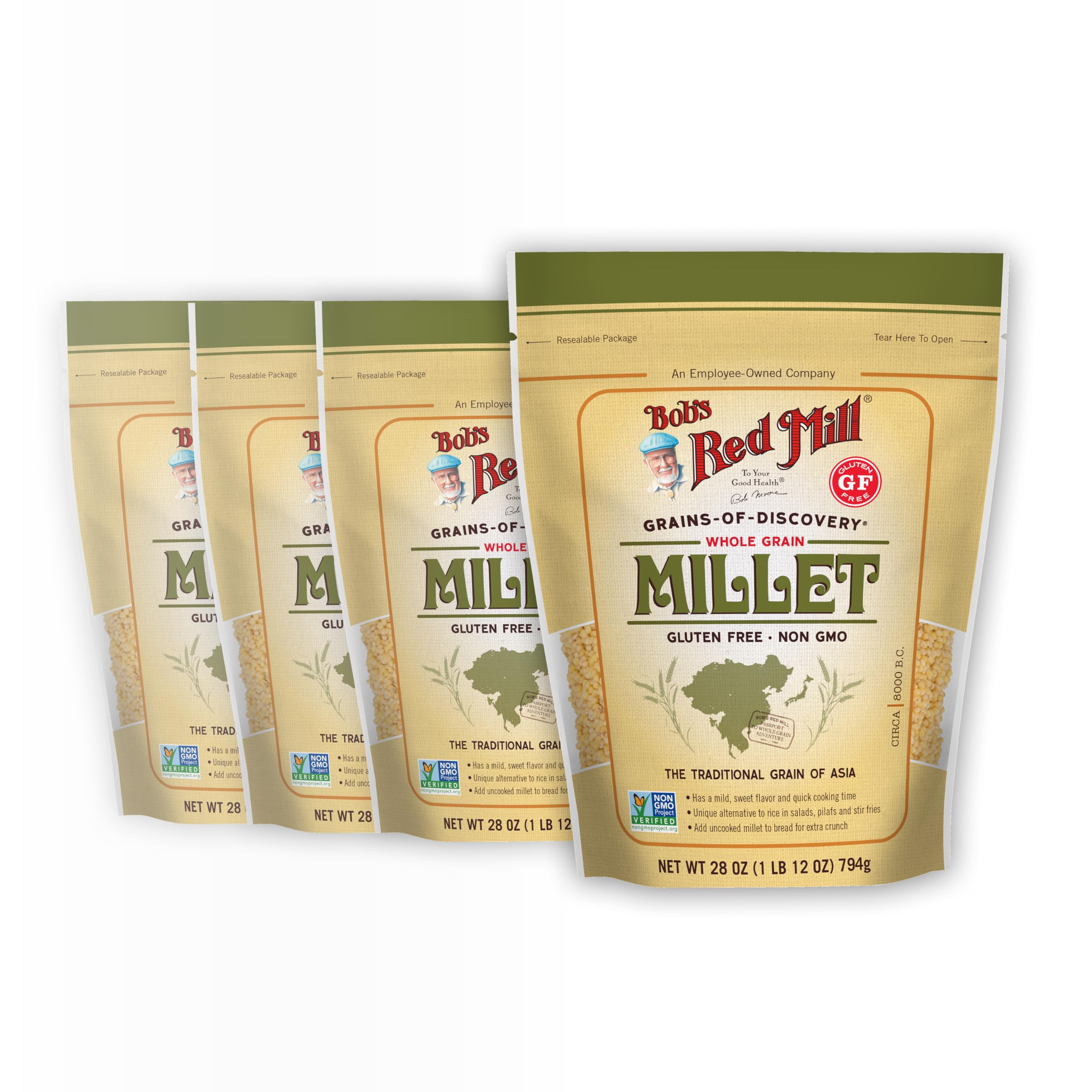 Bob's Red Mill front packaging showing 28oz millet for pantry convenience