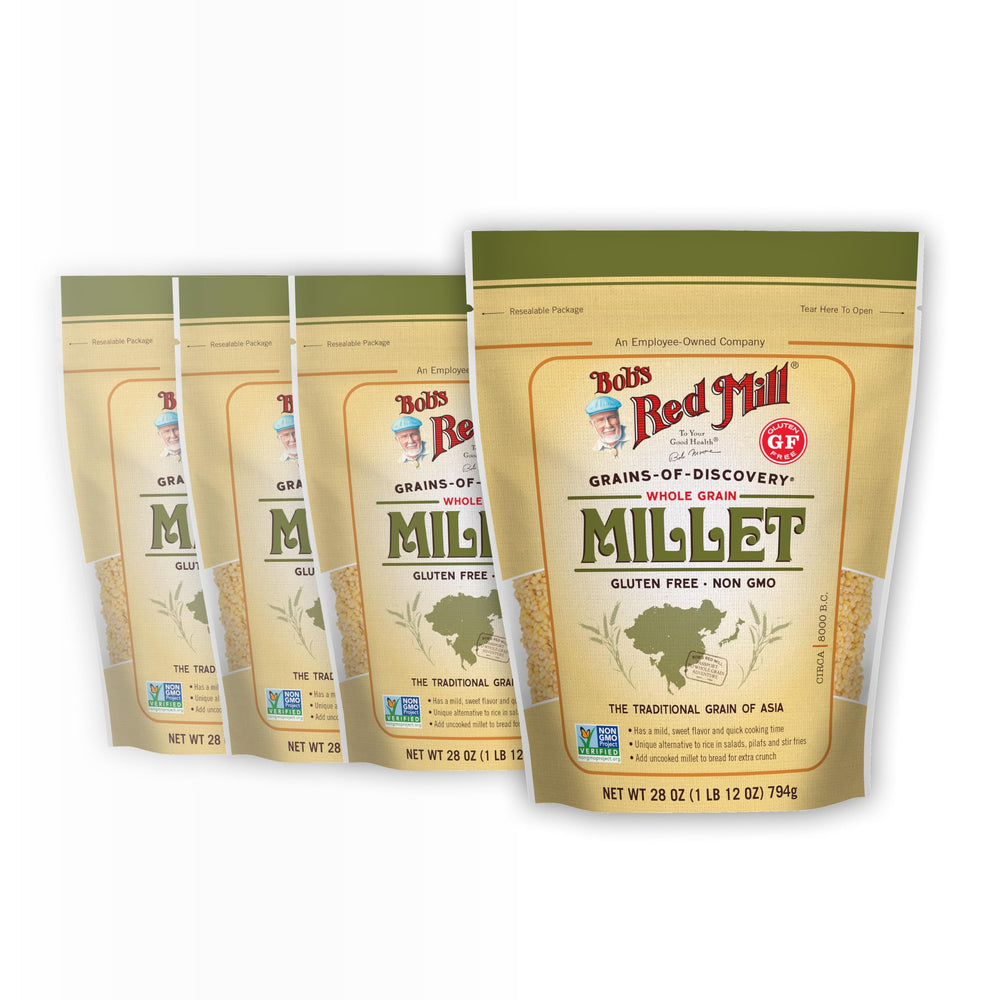 Bob's Red Mill front packaging showing 28oz millet for pantry convenience