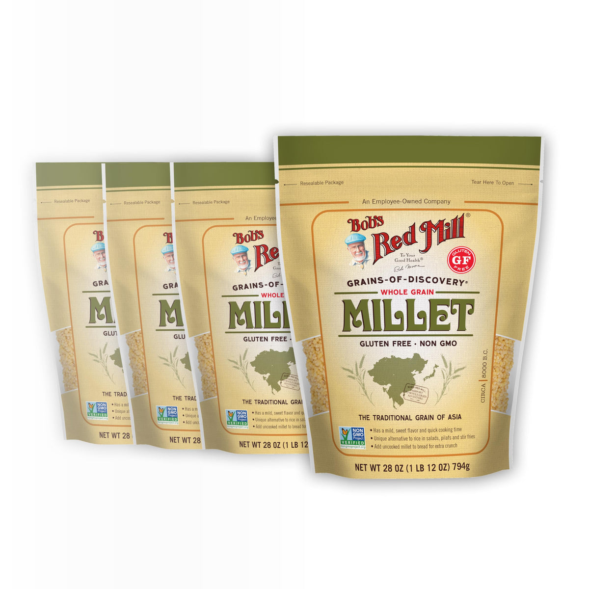 Bob's Red Mill front packaging showing 28oz millet for pantry convenience