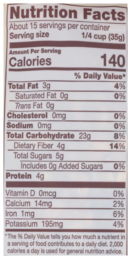 Bob's Red Mill bag label detail highlighting ingredients and storage benefit