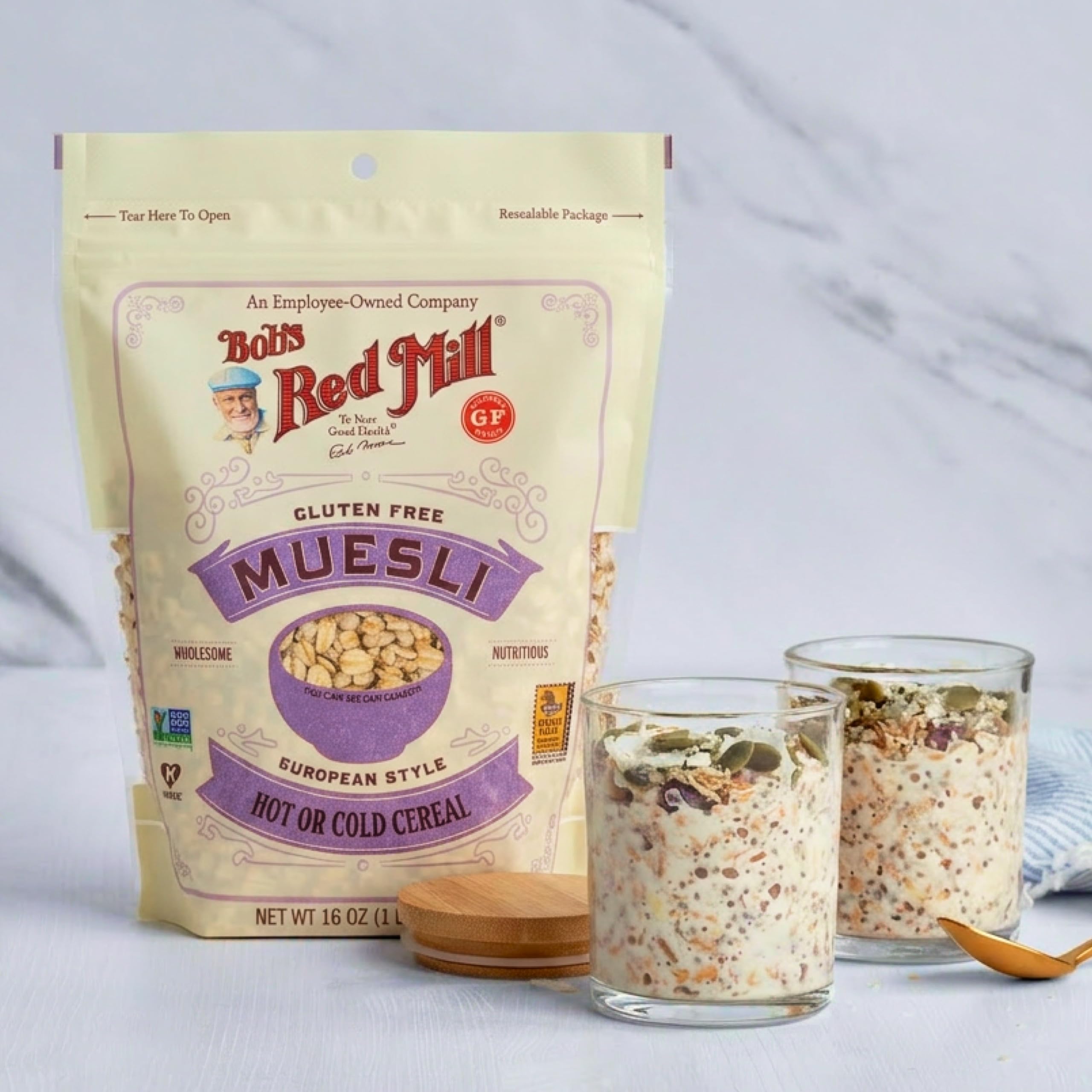 Bob's Red Mill scattered ingredients showing oats, seeds and dried fruit, natural ingredients