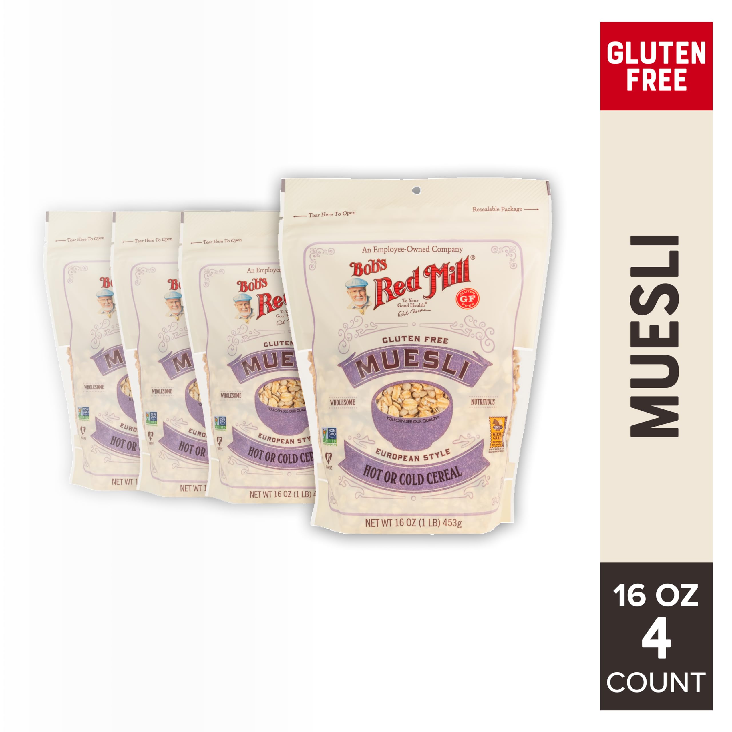 Bob's Red Mill opened bag showing muesli mix, convenient pantry-ready benefit
