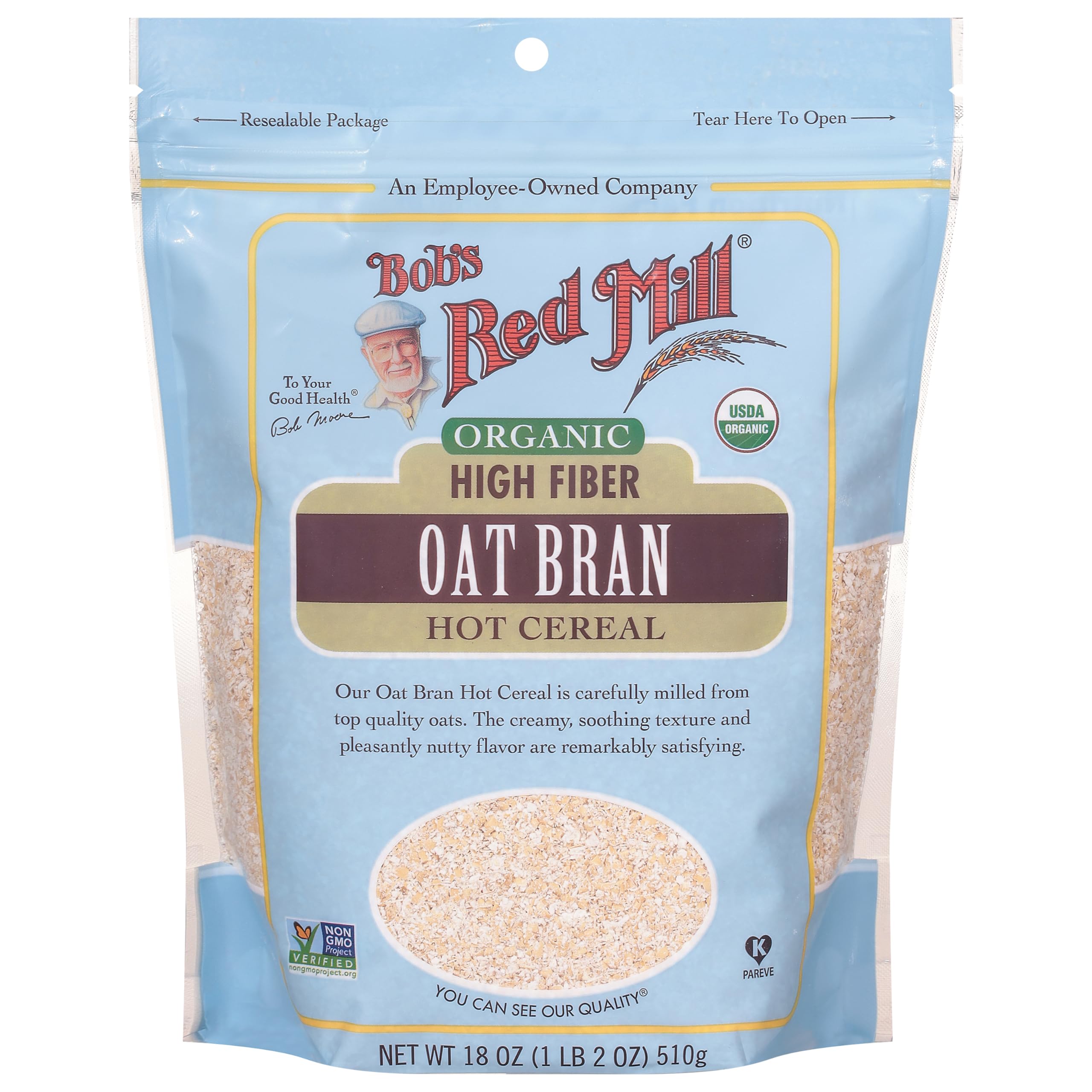 Bob's Red Mill open bag spilling oat bran with easy-measure benefit