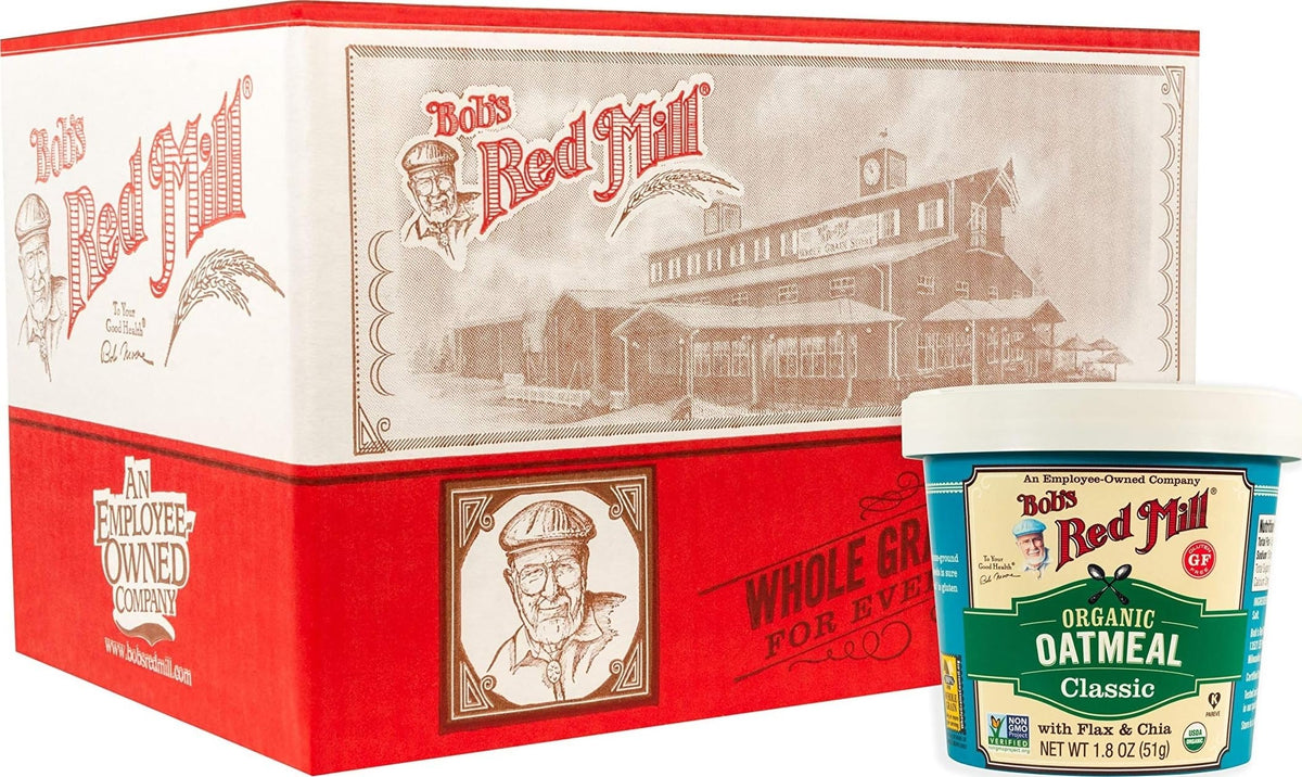 Bob's Red Mill front packaging showing organic gluten free oatmeal cup convenience
